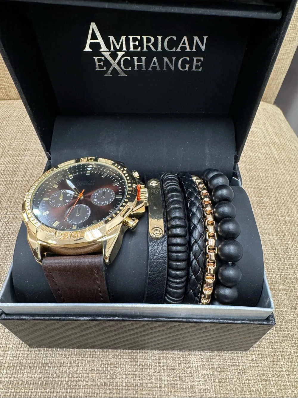American Exchange Men’s Quartz Analog-Digital Watch Blue Leather Strap Gold Box